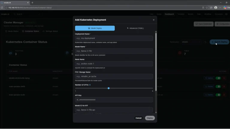 Add new Kubernetes deployment with deployment, model, worker node and storage names.