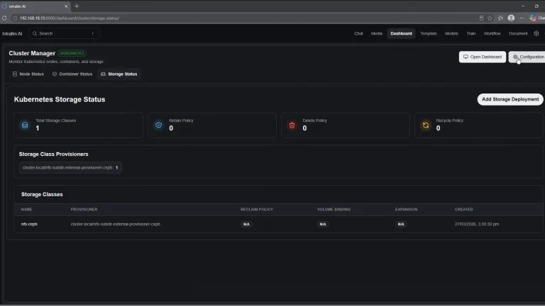 IntraLLM Cluster Manager showing Kubernetes storage classes and reclaim policies.