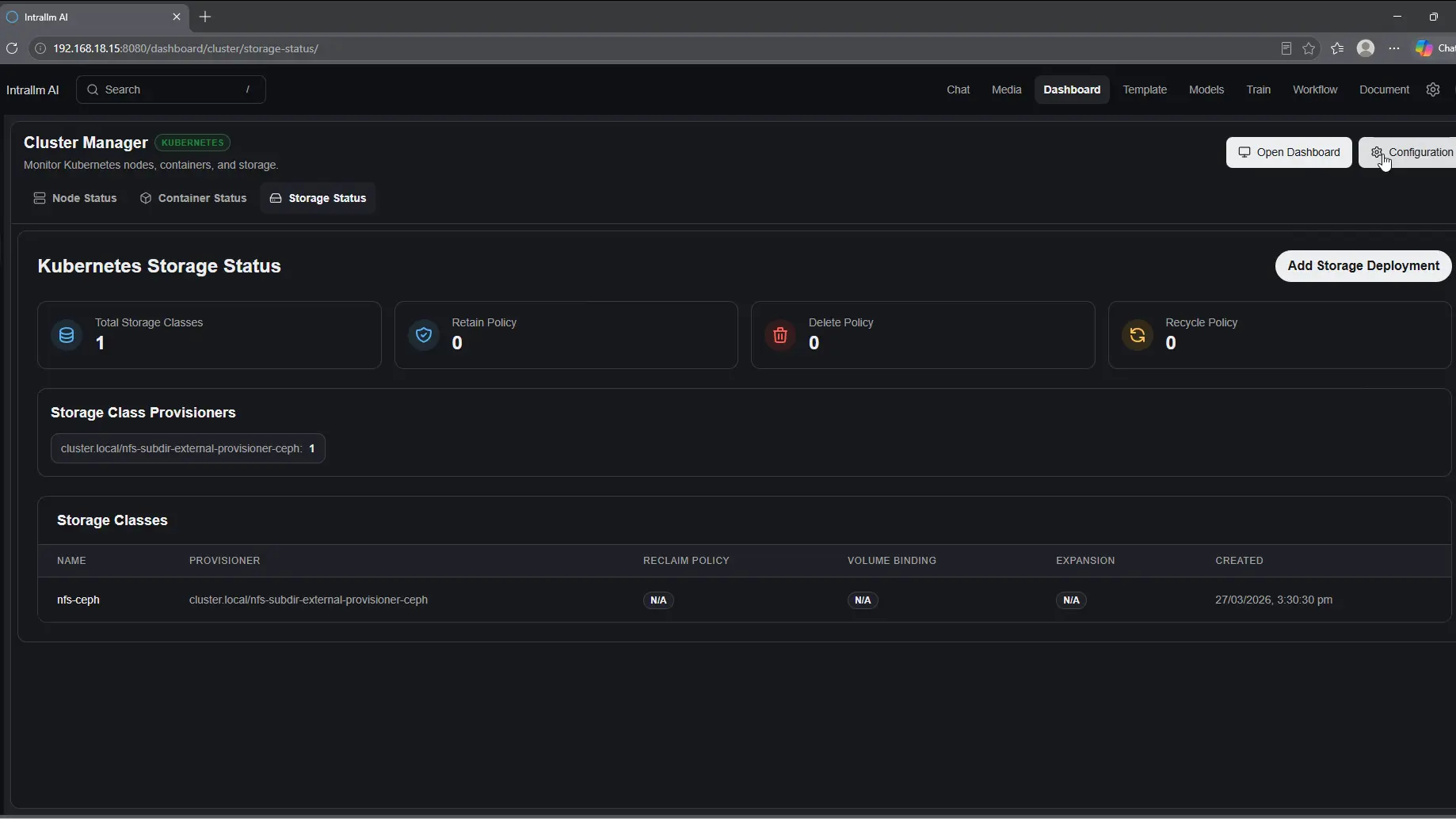 IntraLLM Cluster Manager showing Kubernetes storage classes and reclaim policies.